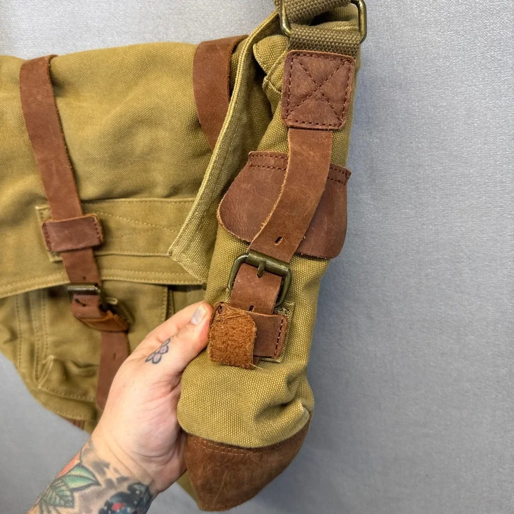 S.C. Cotton Military Messenger Bag Khaki Canvas Leather Trim Crossbody Satchel